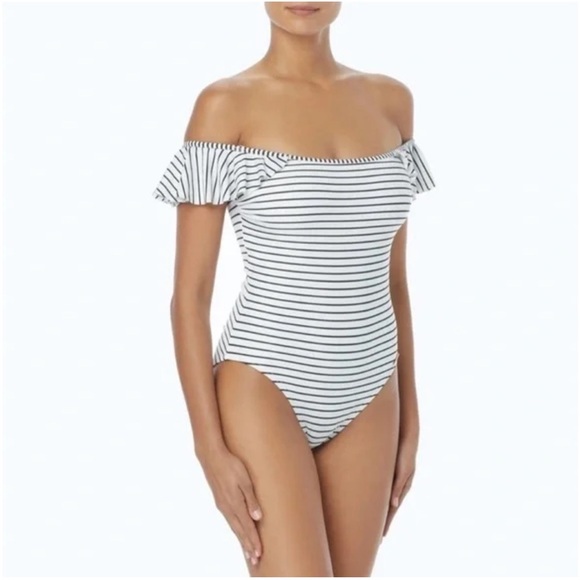 Vince Camuto Swim Off The Shoulder One Piece White Black Stripes Swimsuit SZ 10 - Picture 1 of 16